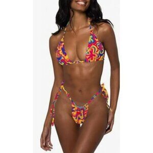 Retro Floral Print Tie Bikini Set Medium Bathing Suit NWT